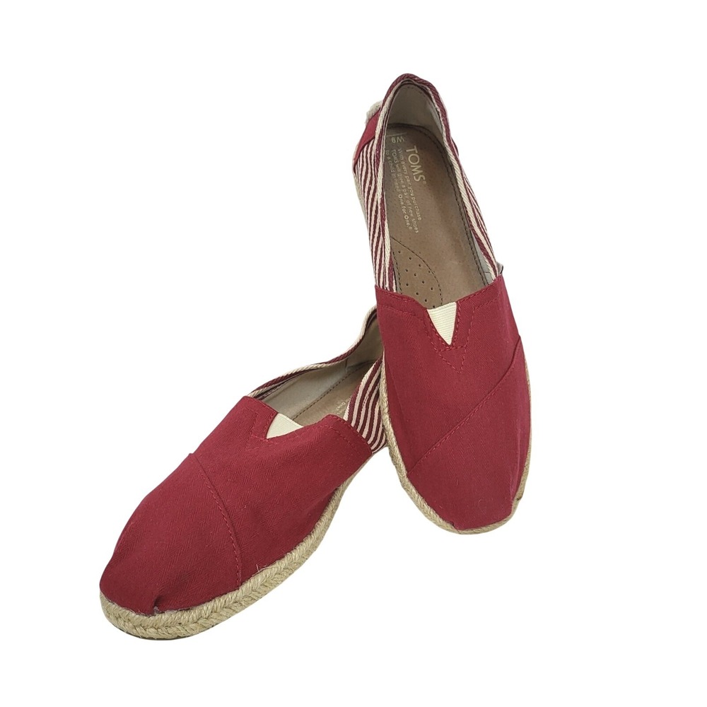 Toms Womens Red White Stripe Slip On Espadrilles Canvas Nautical Shoes 9 Casual